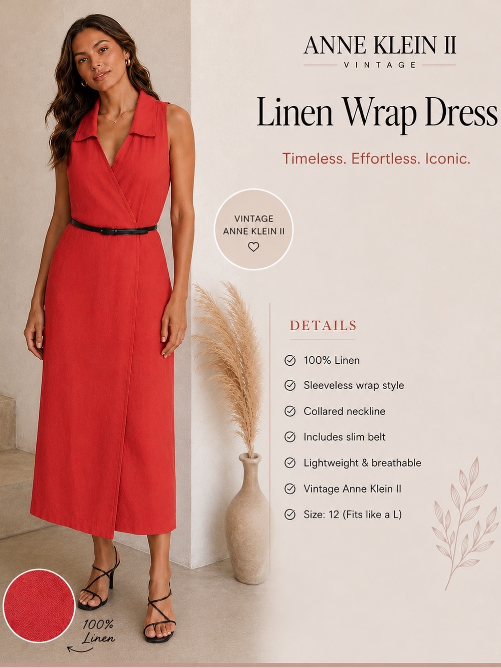 LINEN Vintage wrap dress sleeveless red orange color midi size 12 ANNE KLEIN